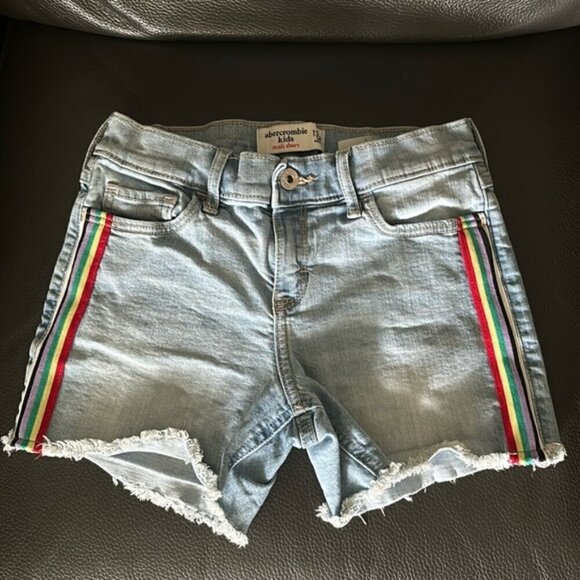 abercrombie kids Other - Abercrombie kids Denim Midi Short with Raw Hem and Rainbow Stripe Sz 13/14